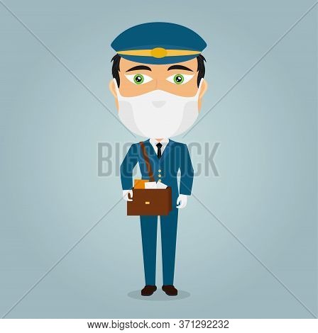 Postman Male White Mail Deliverer With White Virus Mask And Gloves Bag Of Letters Blue Suit And Hat.