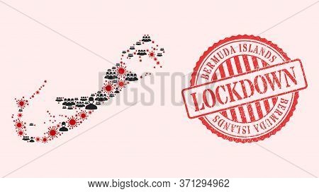 Vector Collage Bermuda Islands Map Of Covid-2019 Virus, Masked People And Red Grunge Lockdown Seal S