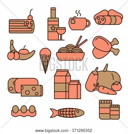 Colored Food Icons Set. Stock Vector. Isolated On White Background. Meat, Desserts, Fruits And Veget