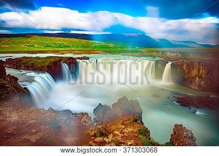 Godafoss Waterfall In Iceland, Summer Natural Travel Background
