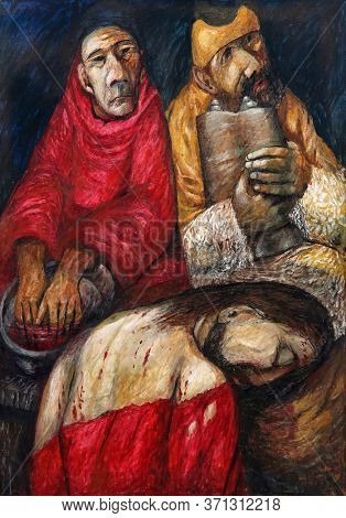 WASSERALFINGEN, GERMANY - MAY 05, 2014: Jesus is condemned to death, 1st Stations of the Cross by Sieger Koder in St. Stephen's church in Wasseralfingen, Germany