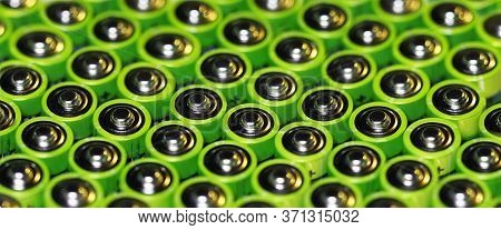 Green Batteries, Alkaline Battery Aa Size Format. Energy Abstract Background, Panoramic View