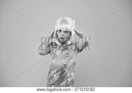 Japanese Kimono. Child National Costume Of Japan. Small Girl Traditional Eastern Clothes. Asian Girl