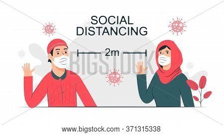 Social Distancing Concept Man And Woman Moslem People Keep Distance 2 Meters To Prevent From Covid-1