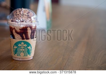 Samut Prakan, Thailand - June 14, 2020 : The New Beverage From Starbucks Is Choco-choco Nutty Frappu