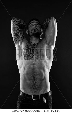 Narcissism. Self Care. I Am Perfect. Tattoo Man With Sexy Bare Torso. Bearded Macho With Tattooed Bo