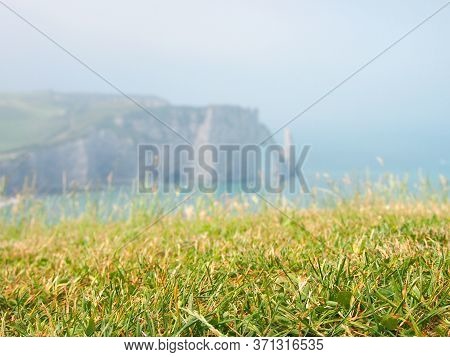 Picturesque Myst Panoramic Landscape On The Cliffs Of Etretat,  France. Green Grass, Fog In Summer M