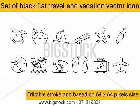 Set Of Line Flat Travel And Vacation Vector Icons. Palm Tree, Sailing Ship, Beach Ball, Camera, Surf