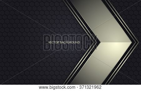 Golden Metallic Arrow On A Dark Hexagon Grid Abstract Background. Luxury Overlap Direction Design. F