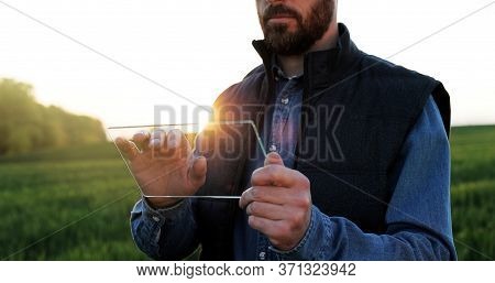 Close Up Of Glass Futuistic Gadget In Hands Of Male Fermer Who Standing In Green Field In Summer. Hi