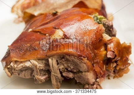 Roasted Pork Meat Lechon. Crispy Oily Skin Of Bbq Pork. Traditional Philippines Cuisine. Selective F