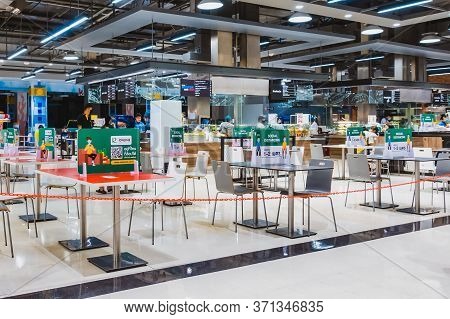 Kanchanaburi, Thailand-may 26,2020: View Of Food Park After Reopening With Sparse People And Apart T