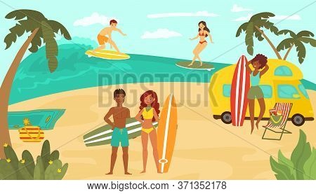 Young People Multinational Race, Black White Female Male Character Training Surfing Ocean Tropical B