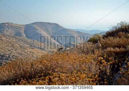 Wadi Kelt Or Nahal Prat, In The Judean Desert, Israel. Early Autumn In A Nature Reserve. The Sky Is 