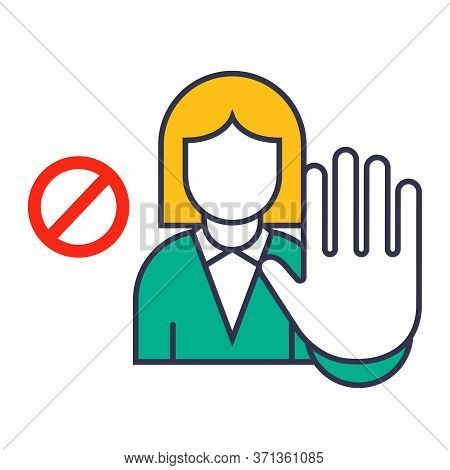 Sign Of A Girl Who Shows A Stop Hand Gesture. Failure Of A Girl On A White Background. Flat Vector I