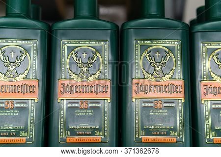 Tyumen, Russia-june 05, 2020: Jagermeister Is A Strong Alcoholic. Jagermeister Made With 56 Herbs An