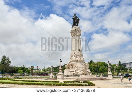 Lisbon, Portugal - July 5, 2019: Statue Marques Do Pombal At Marques Do Pombal Square In Lisboa, Por