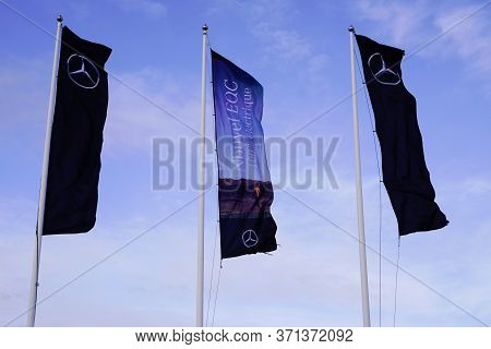 Bordeaux , Aquitaine / France - 02 01 2020 : Mercedes Benz Flags Black In Wind Mercedes-benz Eqc Log