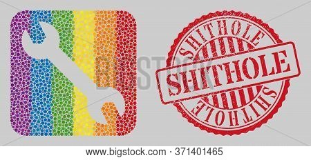 Distress Shithole Stamp Seal And Mosaic Spanner Subtracted For Lgbt. Dotted Rounded Rectangle Mosaic