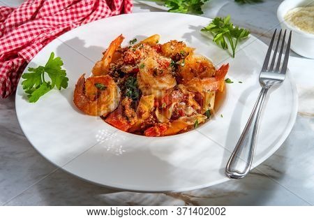 Authentic Italian Dinner Penne Ragu Alla Bolognese With Tail-on Shrimp