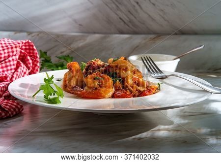 Authentic Italian Dinner Penne Ragu Alla Bolognese With Tail-on Shrimp