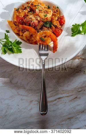 Authentic Italian Dinner Penne Ragu Alla Bolognese With Tail-on Shrimp