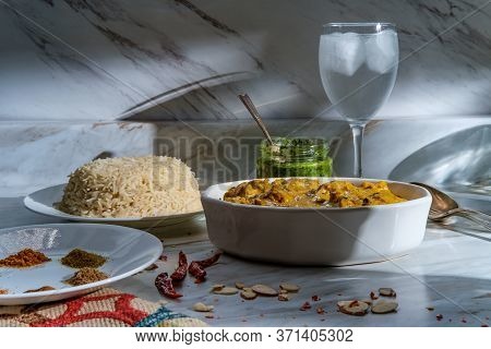 Authentic Indian Almond Chicken Korma Curry Dinner With Basmati Rice And Green Chutney