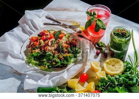 Sunny Day Middle Eastern Chicken Shawarma Salad Rice Platter With Ingredients Surrounding