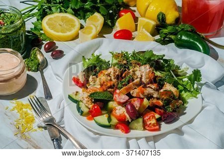 Sunny Day Middle Eastern Chicken Shawarma Salad Rice Platter With Ingredients Surrounding