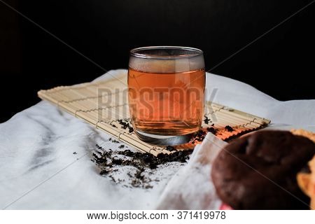 Glass Of Hot Tea Drink With Almond Milk Cookie And Chocolate Chip Nut Cookie On White Table Black Ba