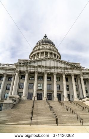 Utah State Capital Building Dome And Stairs Leading To The Pedimented Entrance