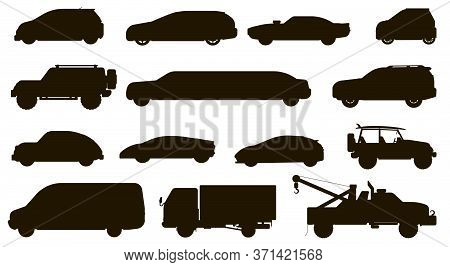 Car Vector Silhouette. Different Automobiles Type. Isolated Hatchback, Cuv, Van, Tow Truck, Sedan, T