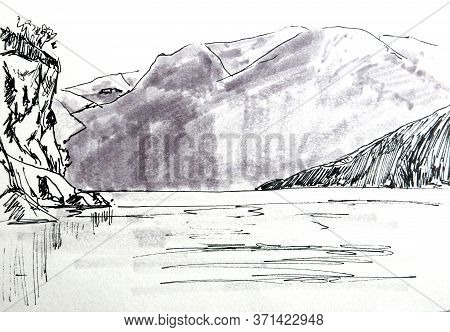 Travel Sketch Graphic Black And White Drawing Of Norwegian Fjord Flom And Mountains Around