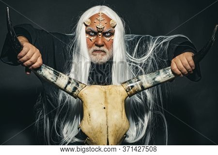 Vampire Man With White Eyes. Monster With Sharp Thorns And Warts On Face. Horror With Scary Hallowee