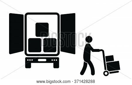 Delivery Person Unloading From Truck.  Black Illustration Isolated On A White Background. Eps Vector