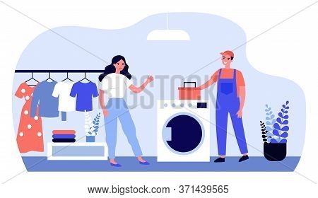 Technical Service Worker Repairing Washing Machine. Home, Overall, Tool Box Flat Vector Illustration