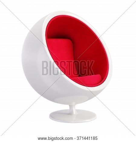 Ball Chair Isolated On White Background. Classic Furniture Model Of White Ball Chair With Red Velvet