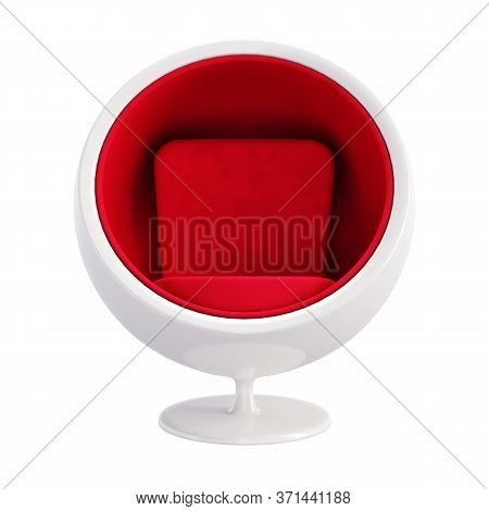 Ball Chair Isolated On White Background. Classic Furniture Model Of White Ball Chair With Red Velvet