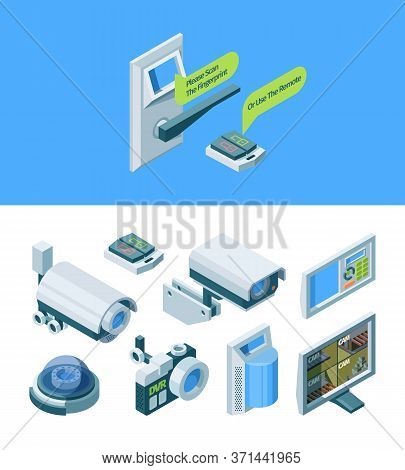 Camera Security Smart Isometric Set. Modern Electronic Security Home Office Fingerprint Scanner Moni