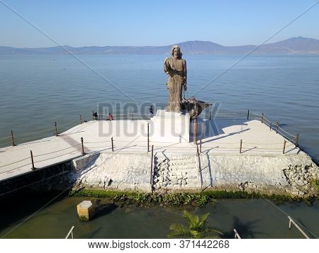 Chapala, Mexico - May 19 2019: Frontal Aerial View Of The Statue Of Cristo Pescador At Lake Chapala