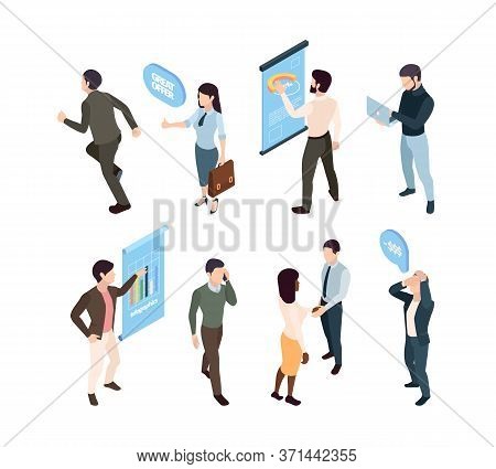 People Isometric Manager Analytic. Girl Pleased Result Man Looking Infographics Manager Saddened Mon