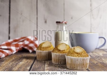 Delicious Cupcakes, Milk Bottle And Blue Ceramic Cup