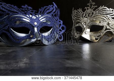 Blue And Silvery Carnival Masks On Dark