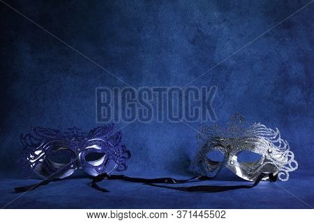 Silvery And Blue Carnival Masks On Blue Fantasy