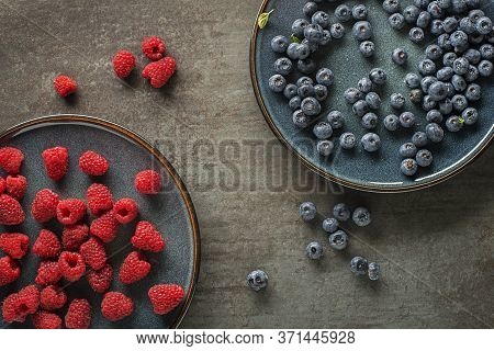 Colorful Assorted Of Blueberry And Raspberry. Berries Overhead Closeup
