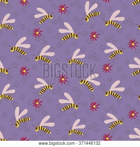 Swarm Of Wasps Seamless Vector Pattern On Lilac Garden Background. Insects Themed Surface Print Desi