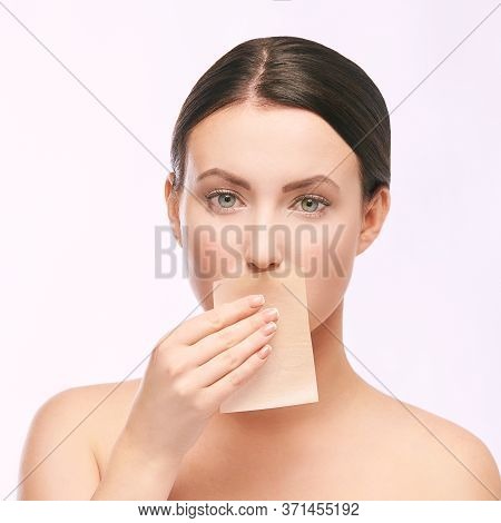 Young Girl Remove Mascara From Lips. Skin Care With Cosmetic Wipe.
