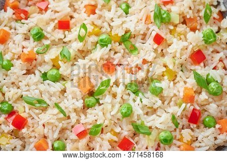 Veg Fried Rice Close Up Texture. Veg Fried Rice Is Indo Chinese Cuisine Dish. Indian Vegetarian Meal