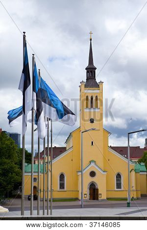 St. John's Church novogotickém stylu 1860 na náměstí svobody. Tallinn, Estonsko. (Jaani krik)