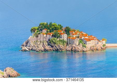 Sveti Stefan Airview, Small Island And Hotel Resort In Montenegro, Southeast Of Budva. Balkans, Adri